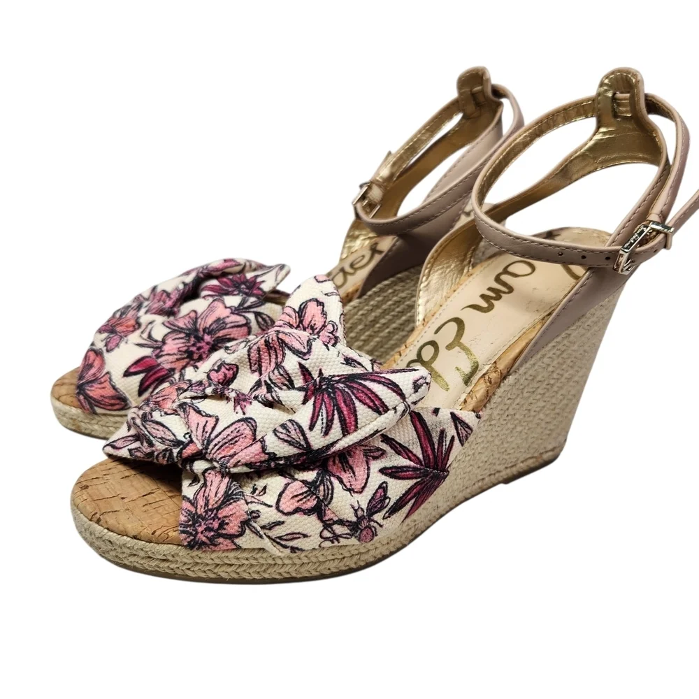 Sam Edelman Aubrey Pink Multi Floral Wedge Sandal Size 7.5 Cottagecore Garden